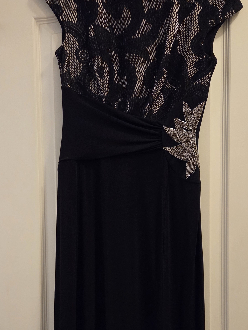 Black Lace Bodice Midi Dress with Silver Leaf Accent